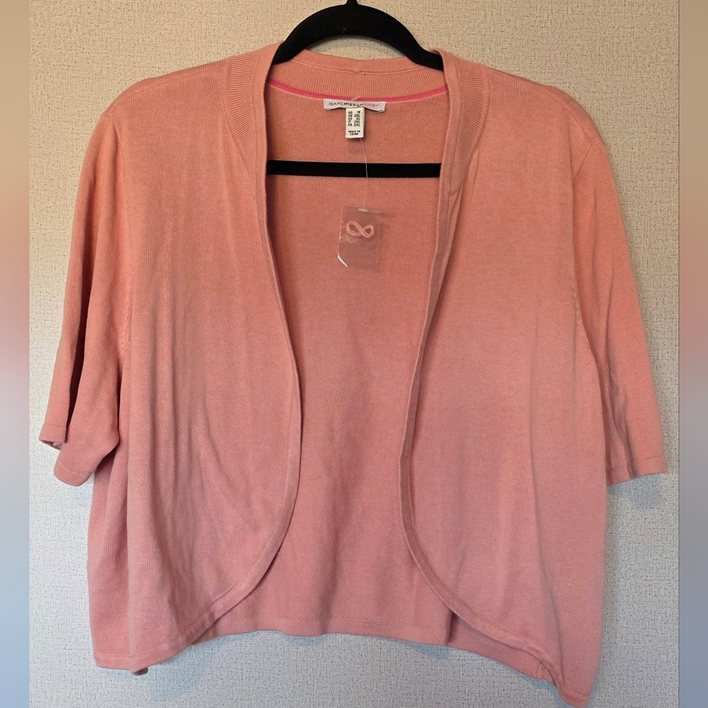 Isaac Mizrahi Short-Sleeve Open-Front Cardigan in Dusty Pink - Picture 2 of 5